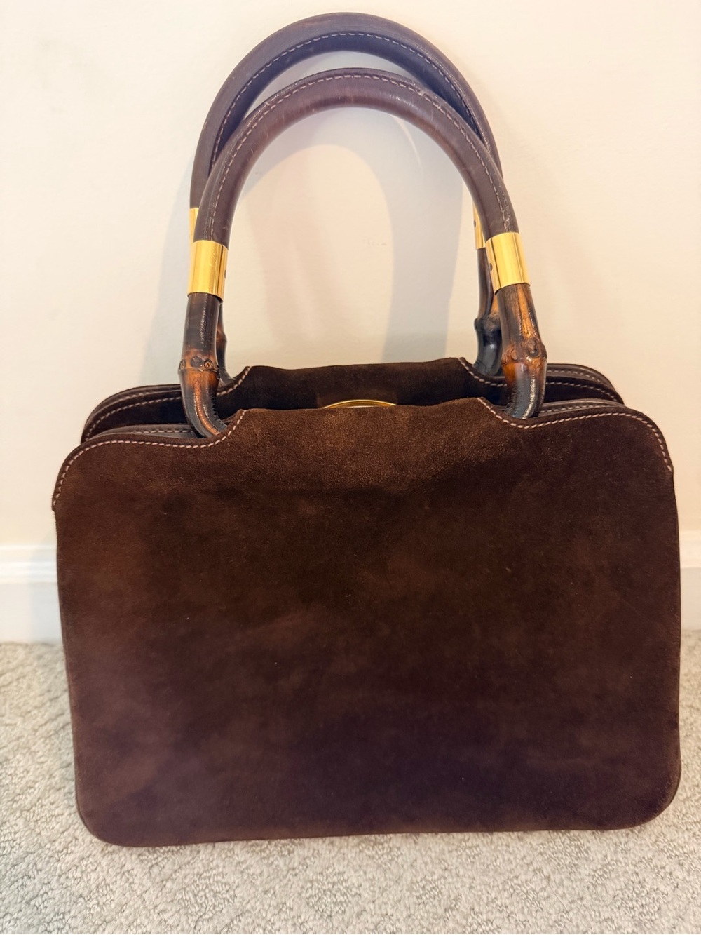 Authentic Gucci Dark Brown Suede Top-Handle Satchel with matching leather wallet